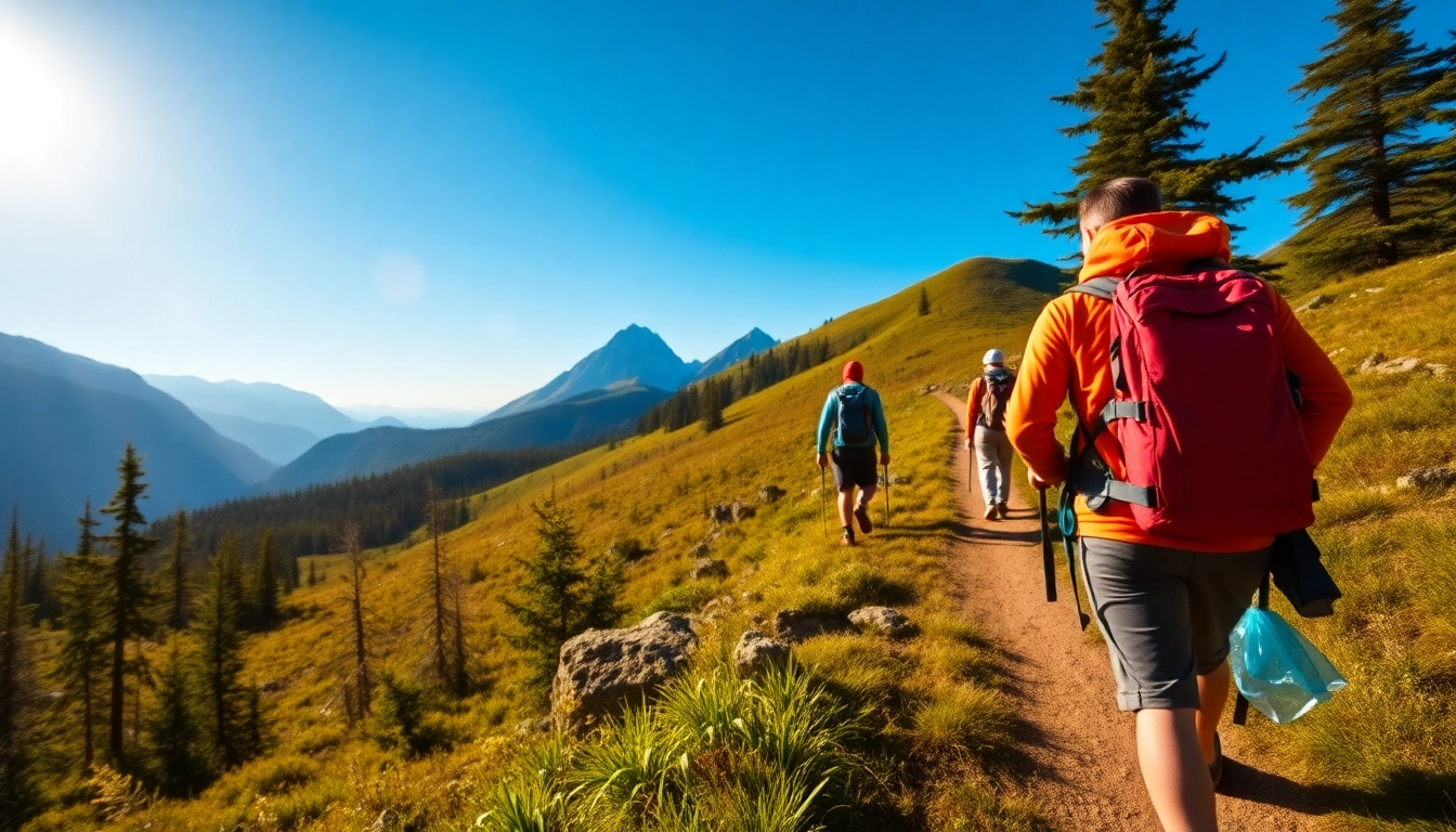Hiking enthusiasts exploring a lush mountain trail in Indonesia, showcasing a scenic hike experience with vibrant nature and active hikers.