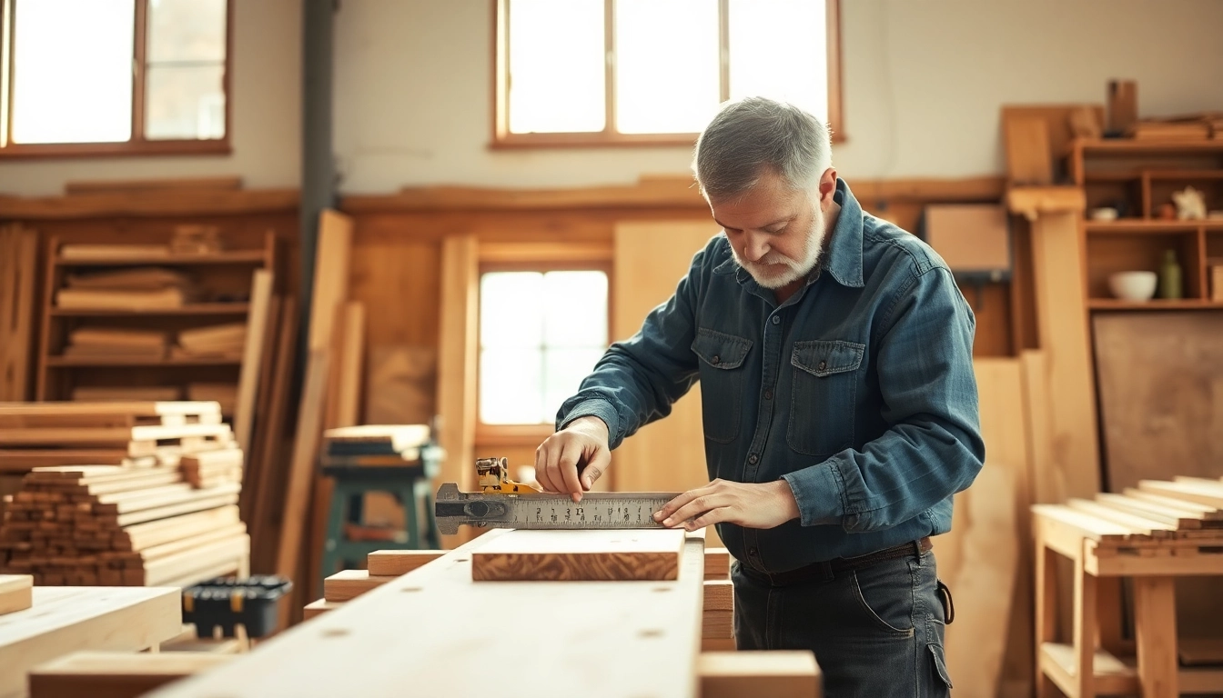 Professional carpenter performing precise carpentry work with wood and tools in a well-lit workshop, highlighting skilled craftsmanship.