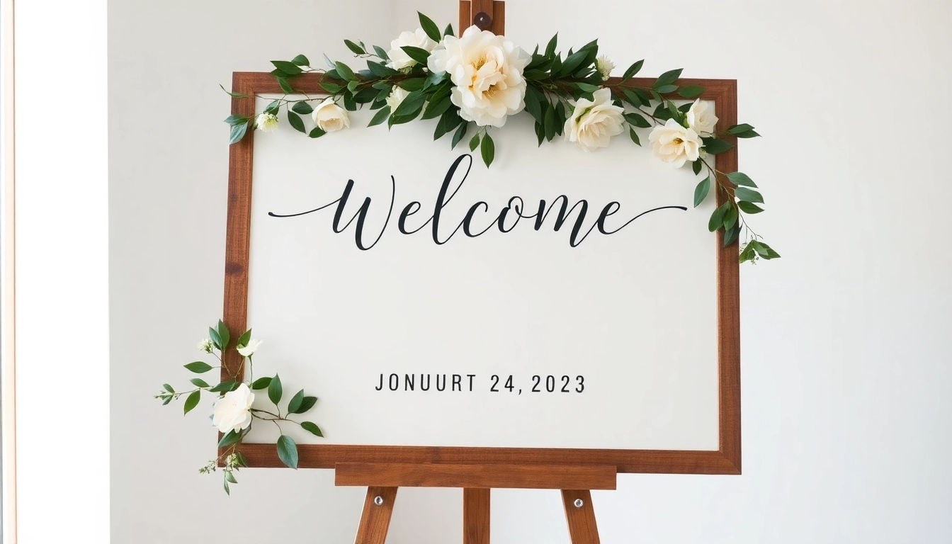 Beautiful wedding welcome sign featuring personalized calligraphy and floral decorations, inviting guests warmly.