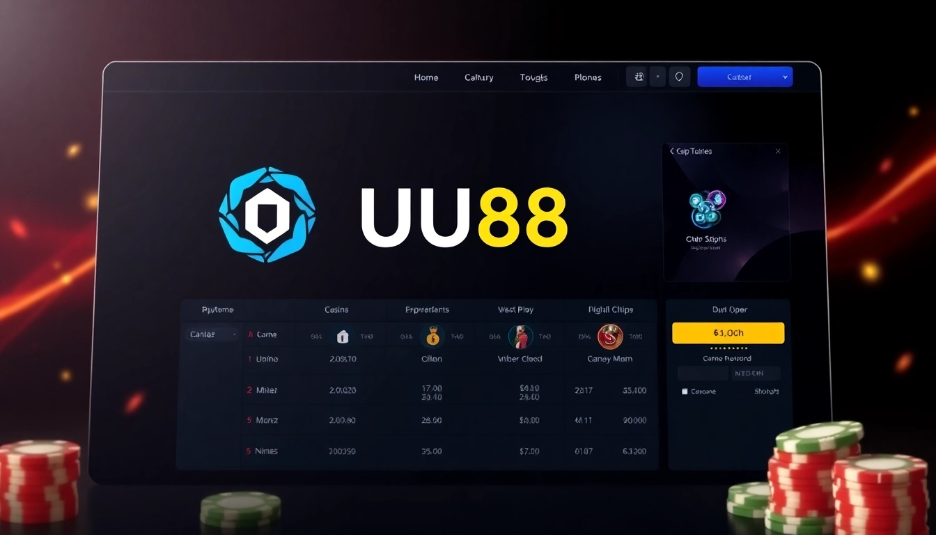 High-quality UU88 online casino platform interface showcasing user-friendly design, digital chips, and vibrant glow.