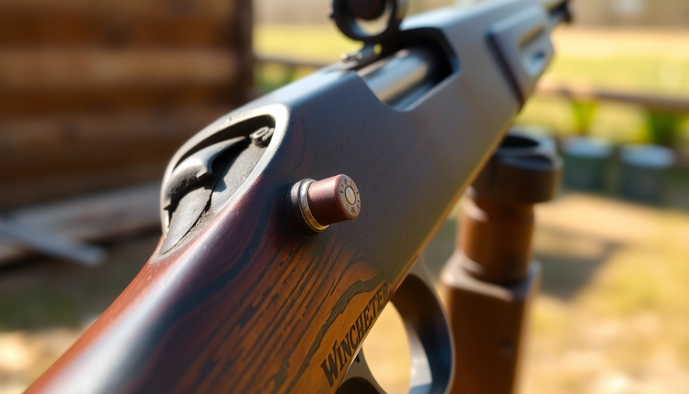 The 32WIN cartridge and Winchester rifle showcased outdoors, emphasizing heritage and firearm craftsmanship for enthusiasts and collectors.