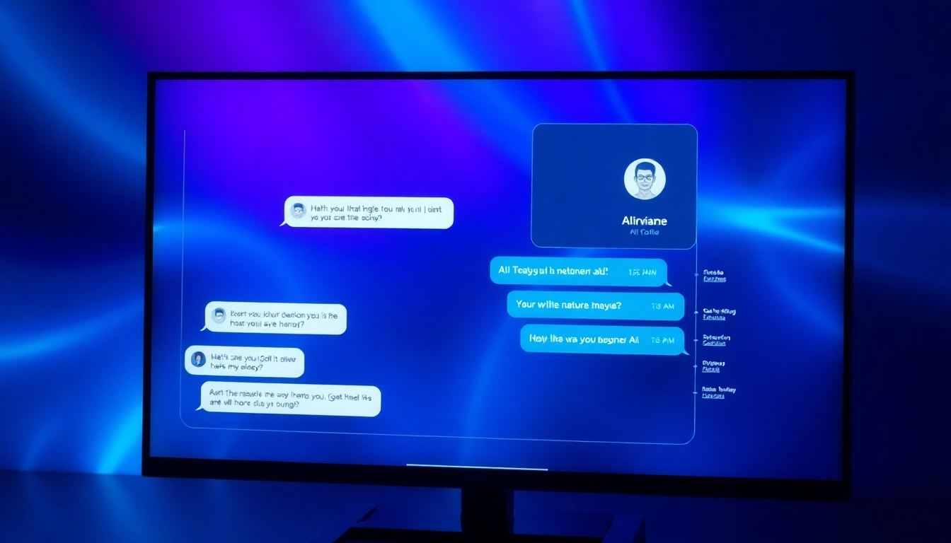 Futuristic digital chat interface featuring a customizable AI character with neon accents