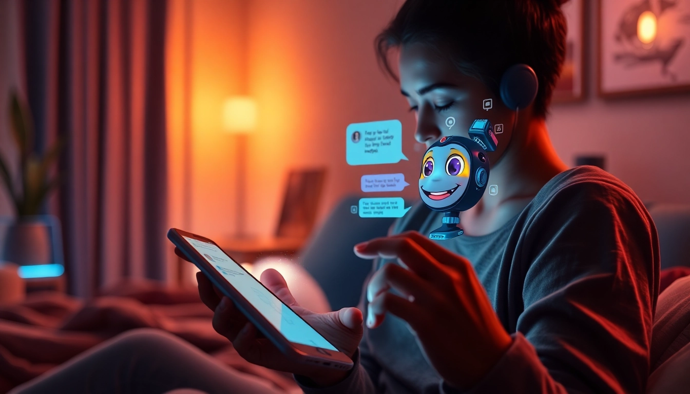 Person interacting with a friendly AI character on a smartphone in a cozy, modern setting.