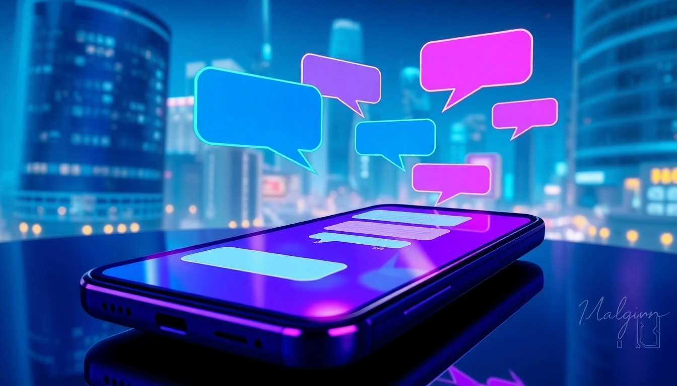 Futuristic digital chat interface on smartphone with neon city background
