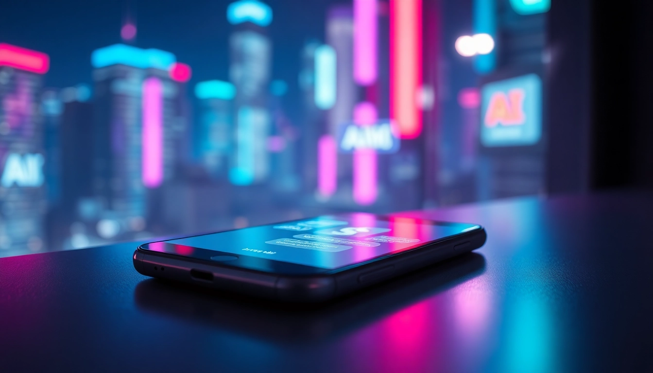 Futuristic smartphone displaying an AI chat conversation against a neon cityscape background.