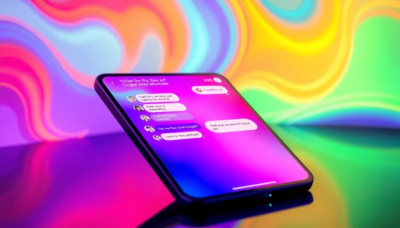 A futuristic device displaying a colorful chat interface with an AI character, neon lights, and a digital, inviting atmosphere.
