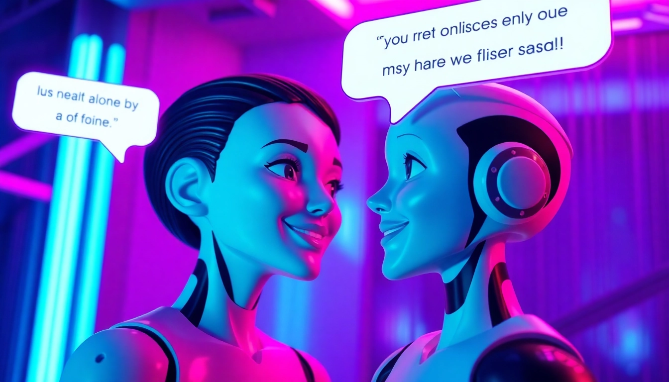 Two AI characters engaging in a flirtatious conversation in a neon-lit digital environment.