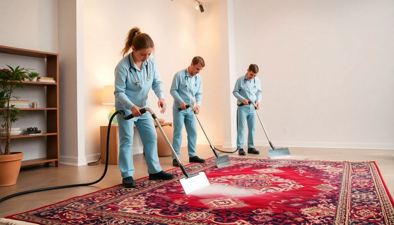 Professional team performing lavaggio tappeto Milano on a vibrant, detailed oriental rug in a