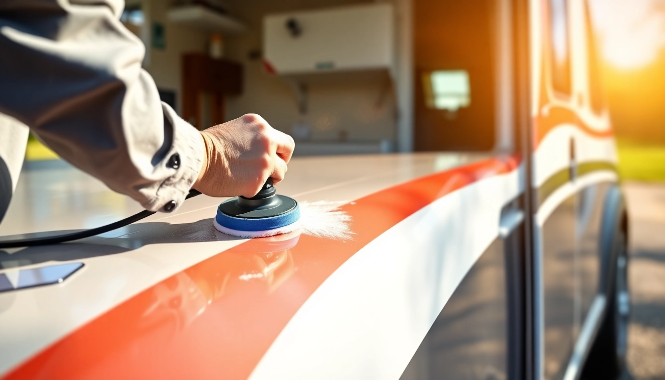 Professionals applying Wohnmobil Politursiegelung to a shiny camper van with polishing tools in
